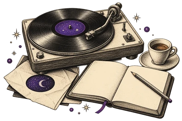 Illustration of a record player, notebook and coffee