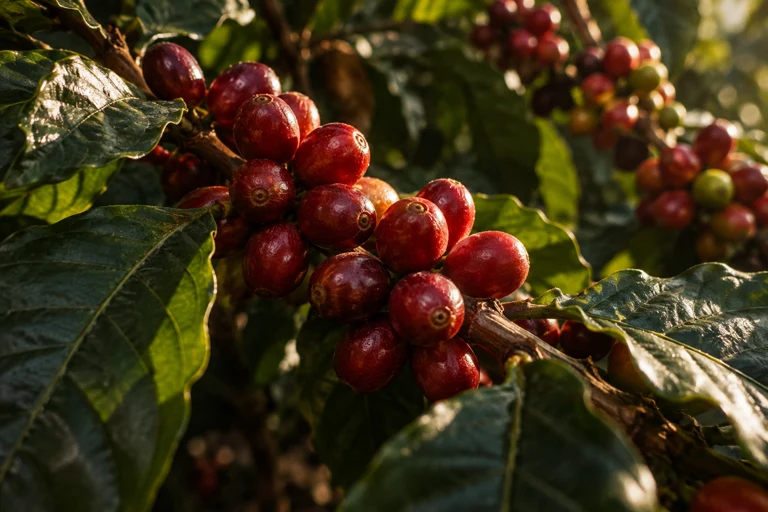 Illustration of ripe coffee cherries growing on a leafy branch